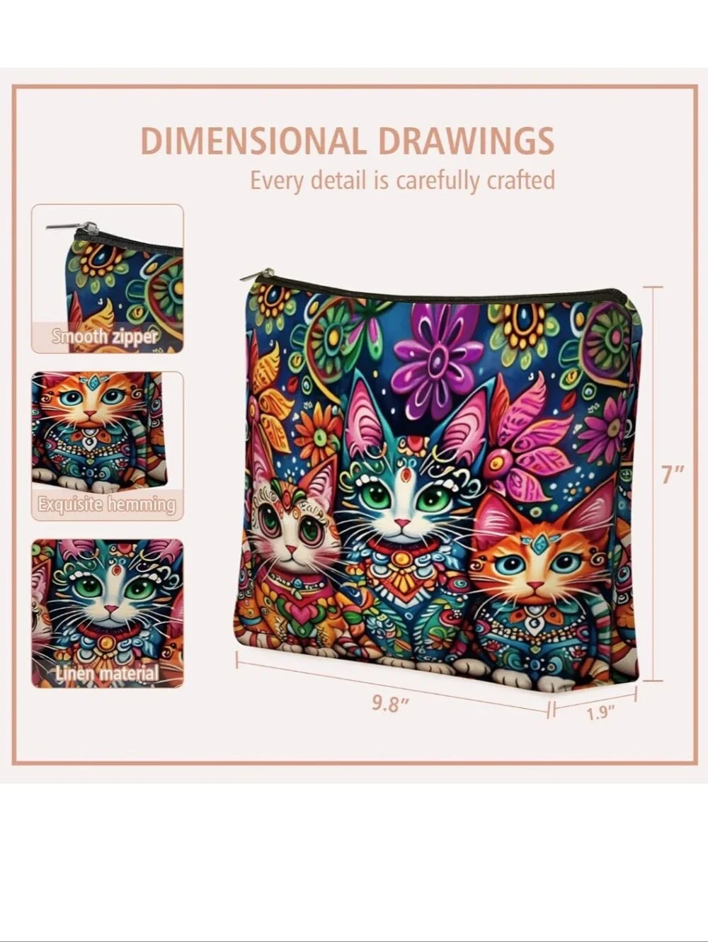 Colorful Floral Cats Zippered Pet Accessory Pouch